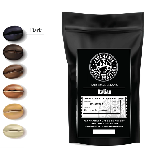 Fair Trade Organic Italian Roast coffee beans from JavaMania, displayed in a bag with roasted beans visible.
