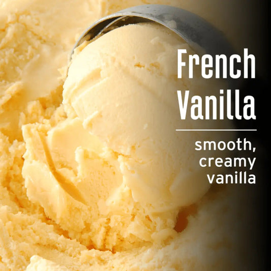 JavaMania French Vanilla flavored coffee in a bag with vanilla bean accents and rich coffee grounds visible.