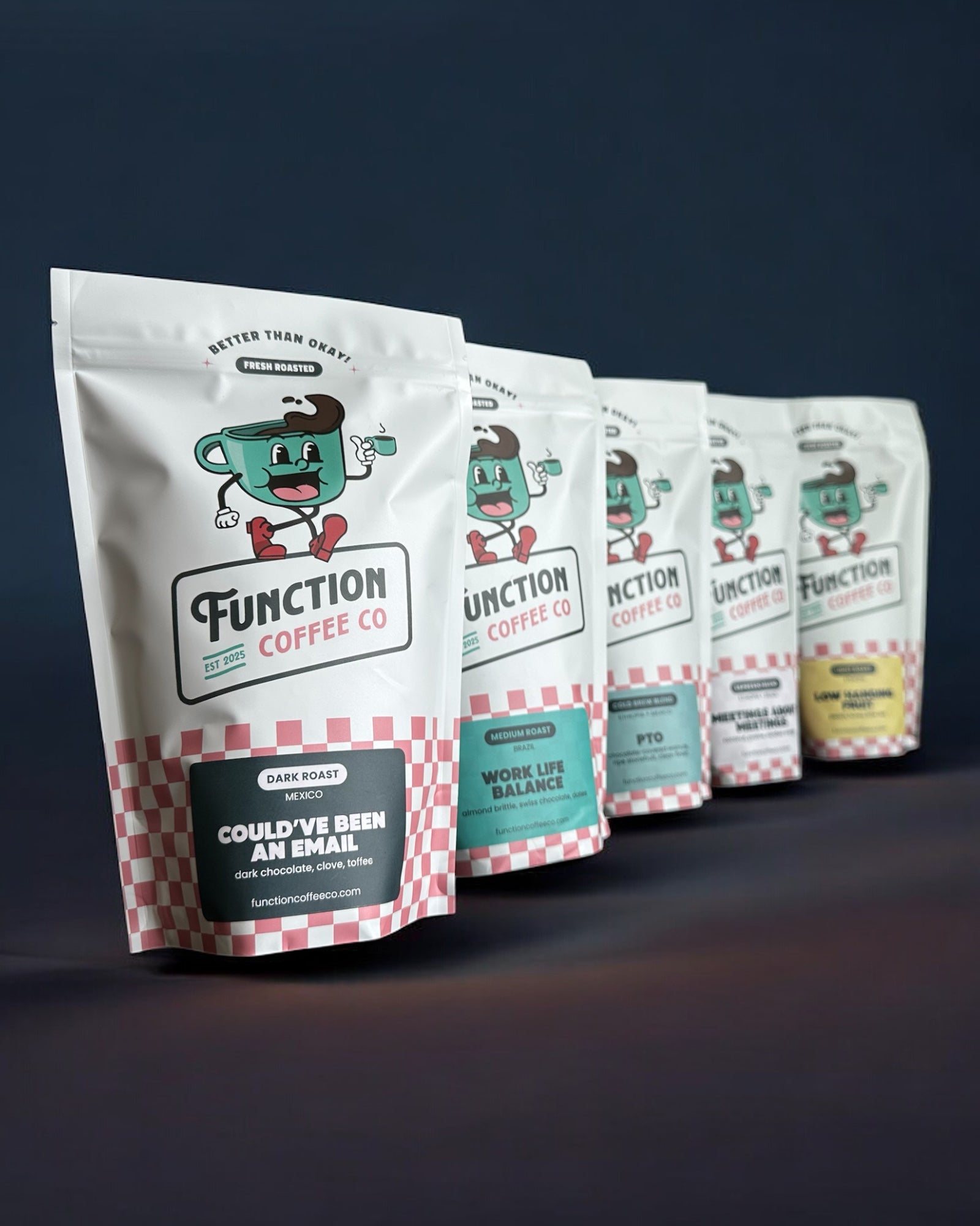 Assorted Function Coffee Co. The Founder's Box with whole bean and ground coffee, featuring various coffee blends in a stylish box.