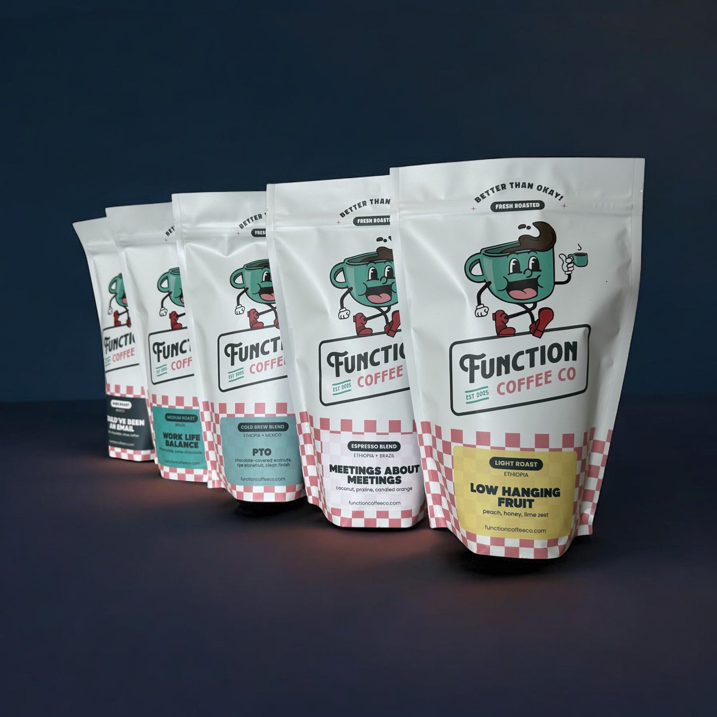 Assorted whole bean and ground coffee from Function Coffee Co in The Founder’s Box bundle, displayed in a variety of bags.