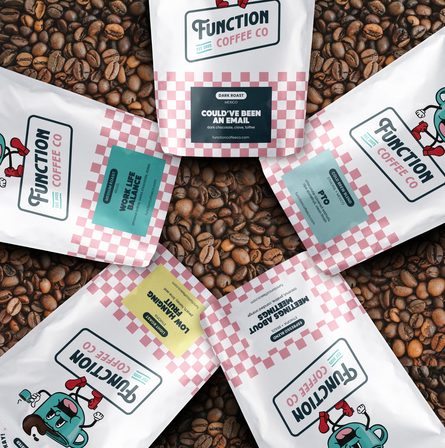 Assorted Function Coffee Co. coffee beans and ground coffee in a box, showcasing a variety of coffee products from the Founder's Box bundle.