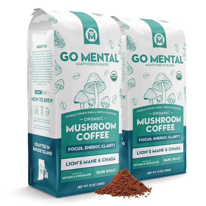 Organic Lion's Mane and Chaga Mushroom Coffee Dark Roast from GO MENTAL MUSHROOM COFFEE in a brewed cup with coffee beans and mushroom slices.