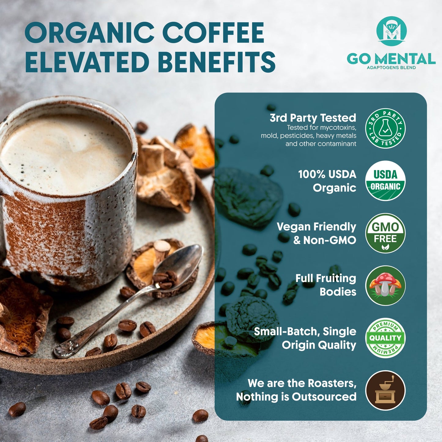 Dark roast organic Lion's Mane and Chaga mushroom coffee by GO MENTAL MUSHROOM COFFEE, with a steaming cup and mushroom ingredients on a table.