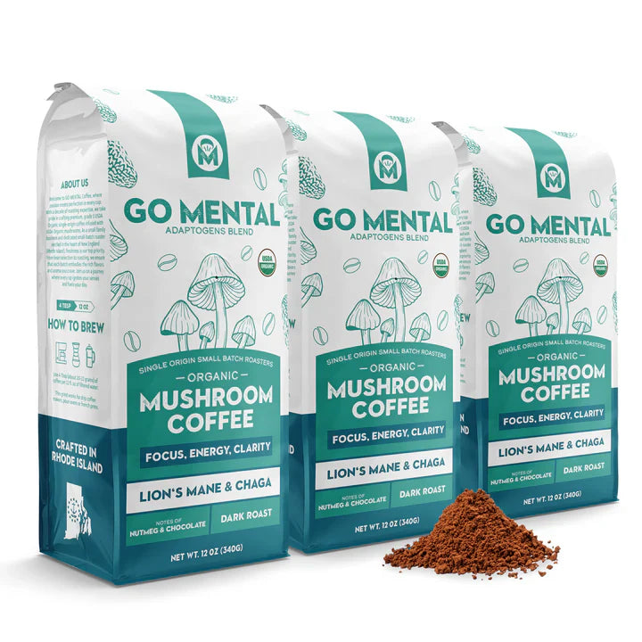 Organic Lion's Mane and Chaga mushroom coffee dark roast by GO MENTAL MUSHROOM COFFEE, with steaming brewed coffee in a mug.