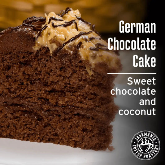 JavaMania German Chocolate Cake flavored coffee in a bag, featuring rich chocolate and coconut aroma, perfect for dessert lovers.