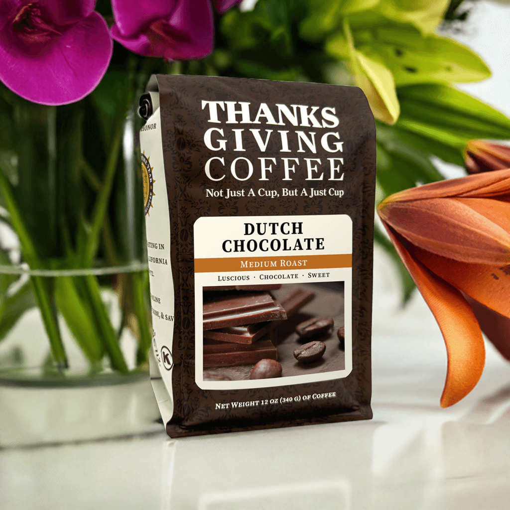 Medium roast Dutch Chocolate coffee from Thanksgiving Coffee Company, showing the product packaging and branding.