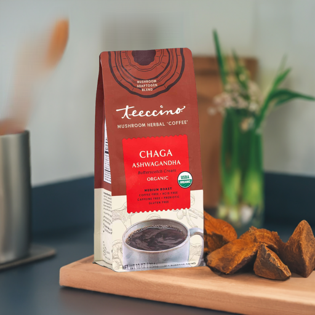 Herbal coffee by Teeccino featuring Chaga, Ashwagandha, butterscotch flavor, with a creamy mushroom-infused appearance.