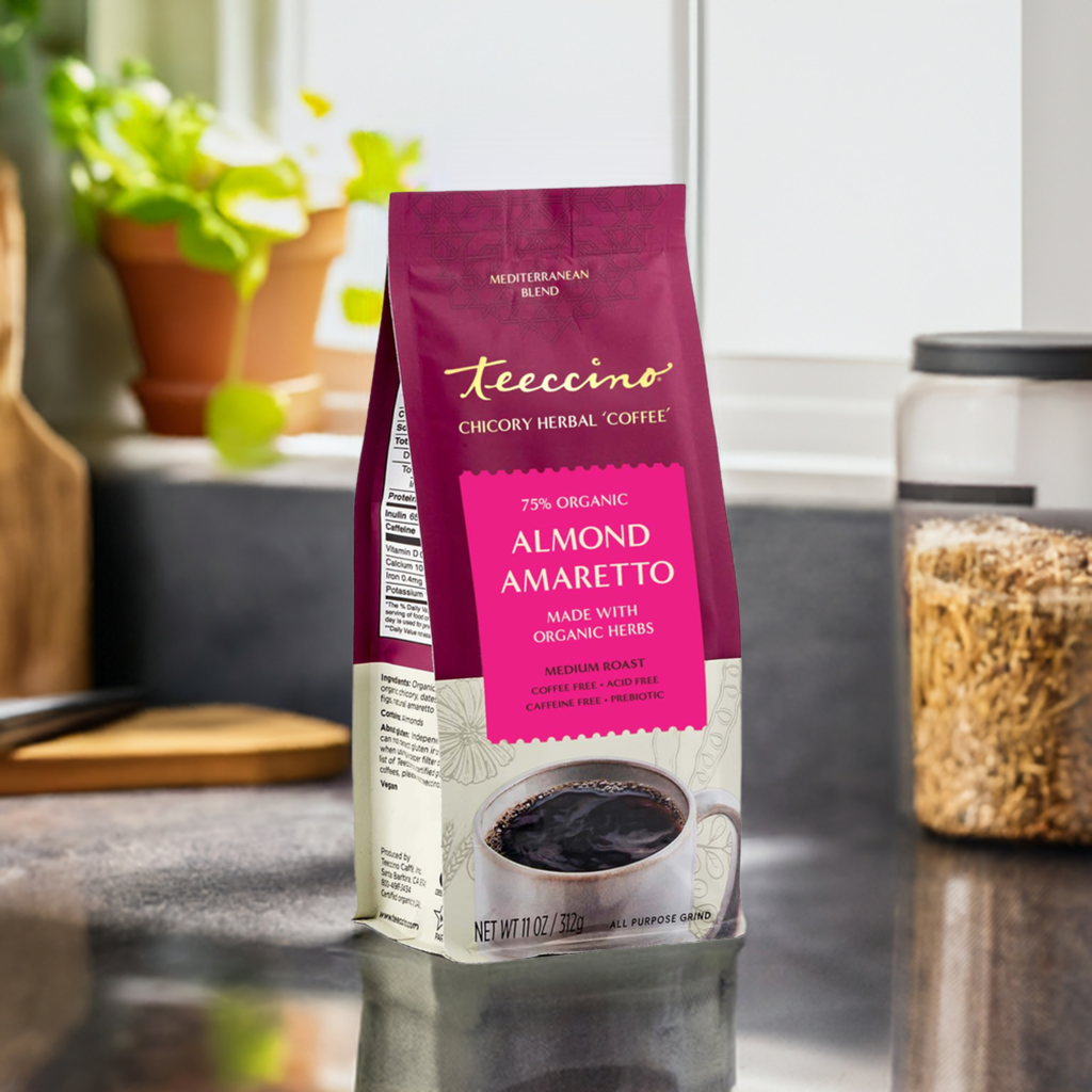 Almond Amaretto Chicory Herbal Coffee by Teeccino, featuring a package of herbal coffee with almond and amaretto flavor accents.