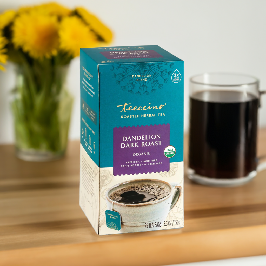 Dandelion Dark Roast Herbal Tea by Teeccino, loose herbal tea leaves in a clear jar with a tea infuser.