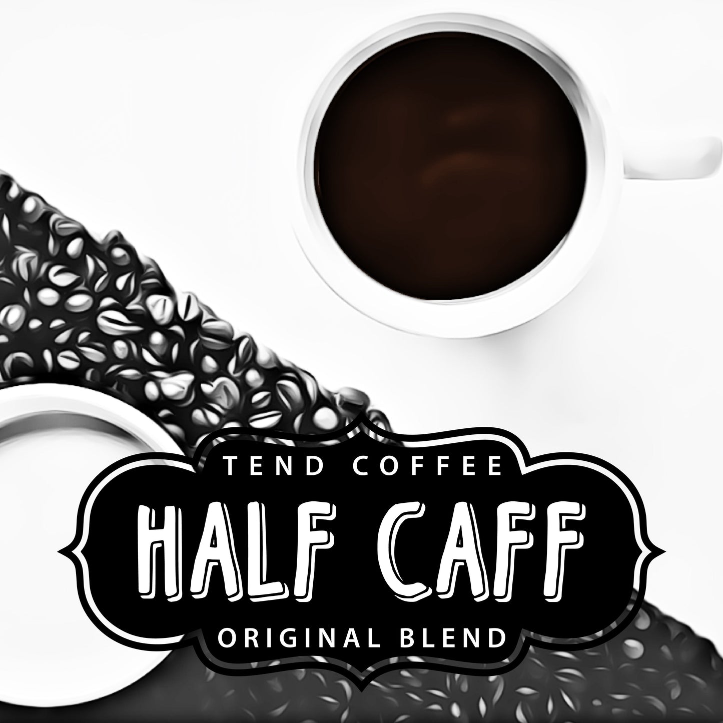 Tend Coffee Half The Caff Blend coffee bag with branding and label visible, showcasing a medium roast coffee product.
