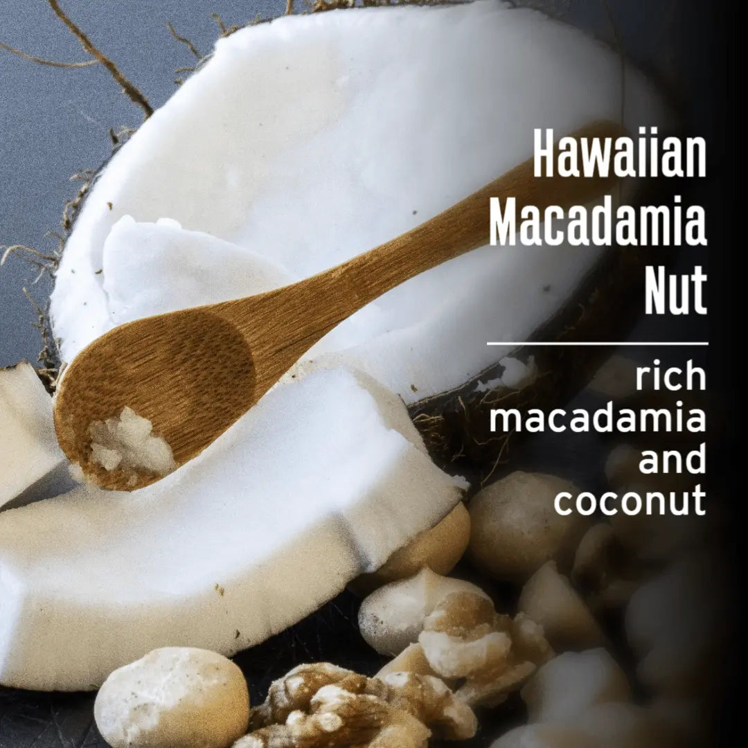 JavaMania Hawaiian Macadamia Nut flavored coffee in a bag, featuring a label with tropical imagery and coffee beans.