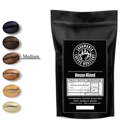 JavaMania House Blend coffee in a bag, showcasing the popular blend with rich, aromatic beans and packaging details.