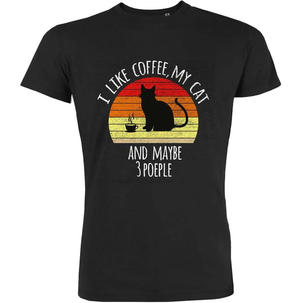 Men's organic T-shirt by BIG FRENCHIES featuring "I Like Coffee, My Cat and Maybe 3 People" print on a casual tee.