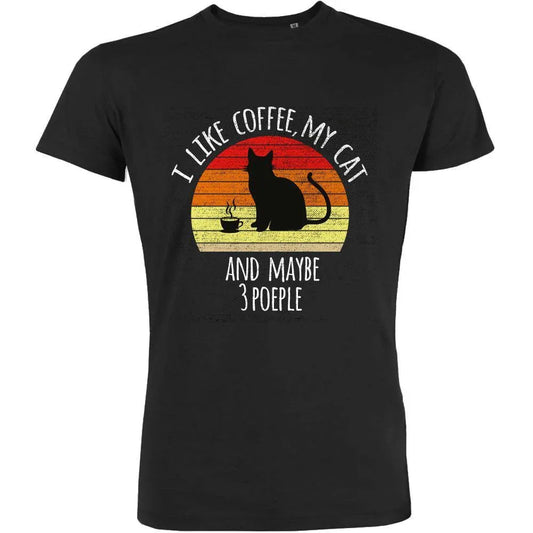 Men's organic T-shirt by BIG FRENCHIES featuring "I Like Coffee, My Cat and Maybe 3 People" print on a casual tee.
