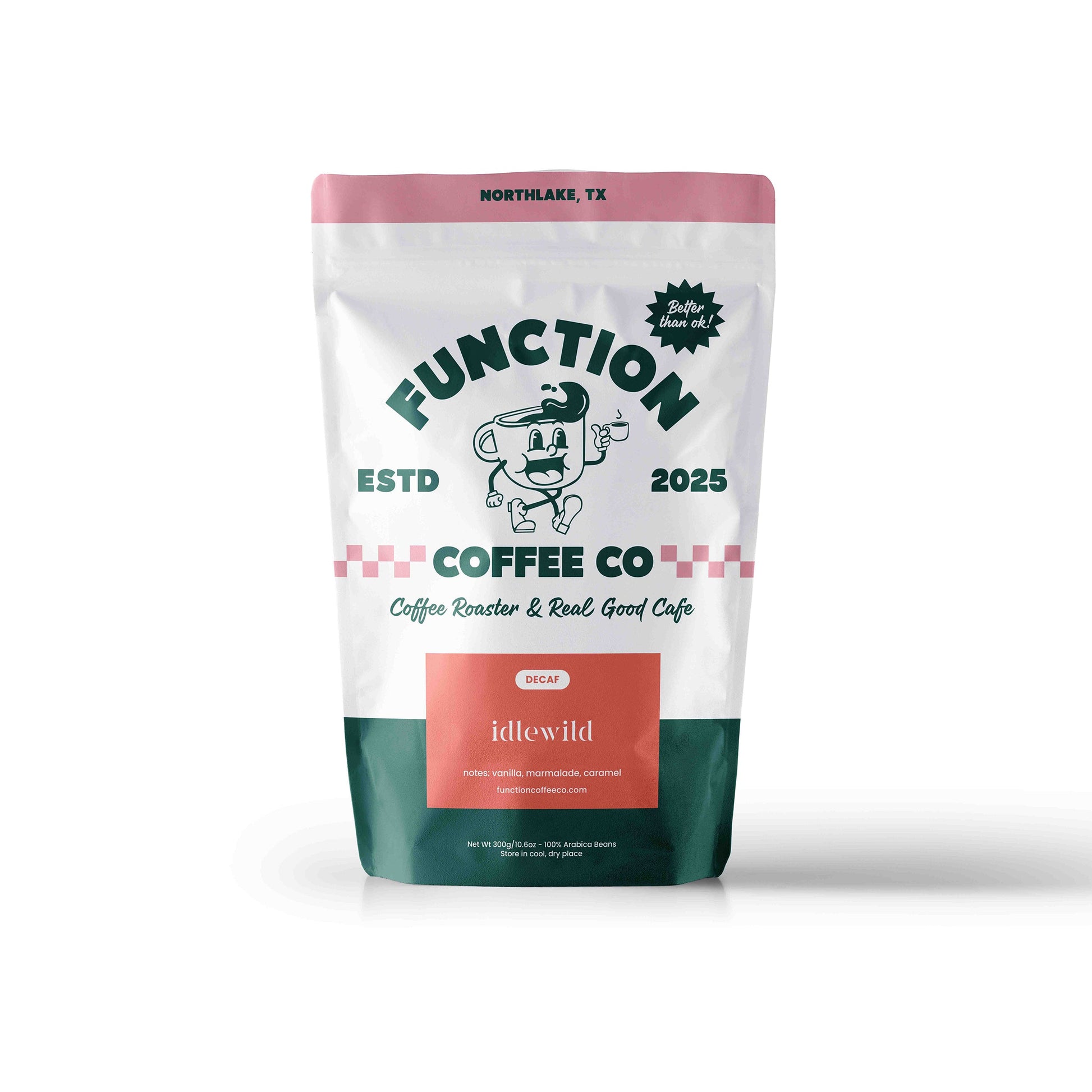 Decaf medium roast coffee beans from Function Coffee Co's Idlewild blend in a resealable bag.