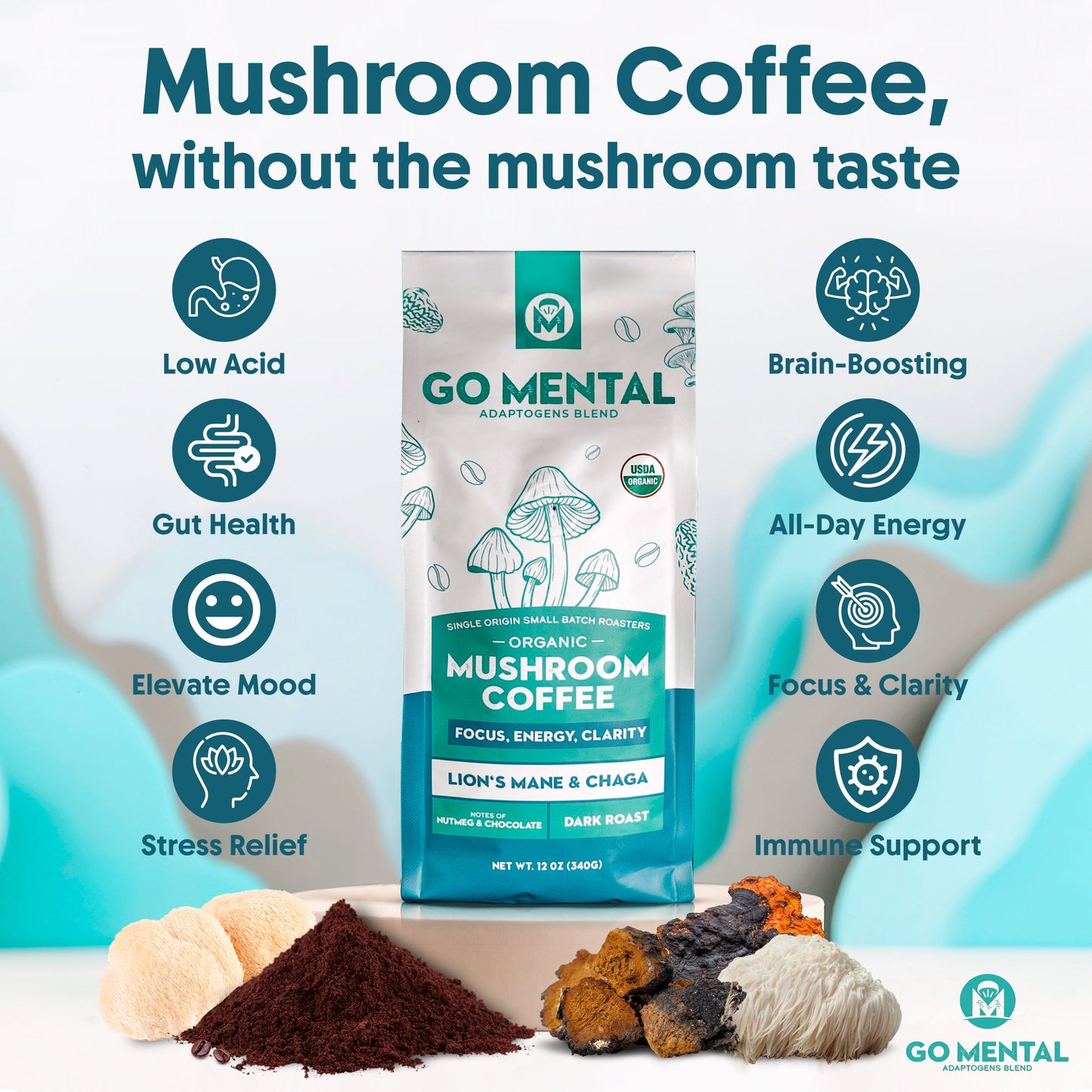 Organic Lion's Mane and Chaga mushroom coffee dark roast by GO MENTAL MUSHROOM COFFEE, shown in a steaming cup with rich dark brew.