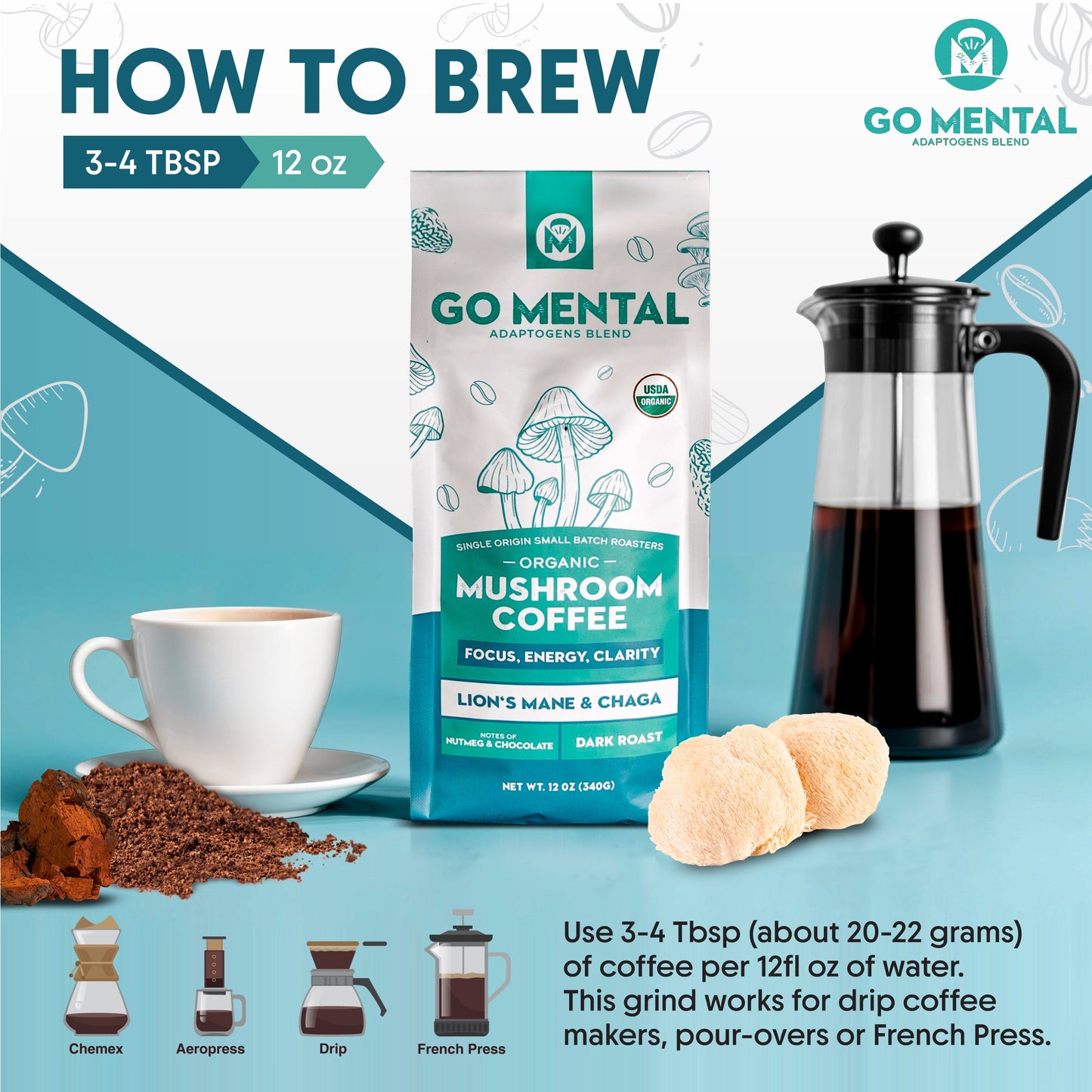 Organic Lion's Mane and Chaga mushroom coffee dark roast by GO MENTAL MUSHROOM COFFEE, showing a steaming cup on a rustic wooden table.