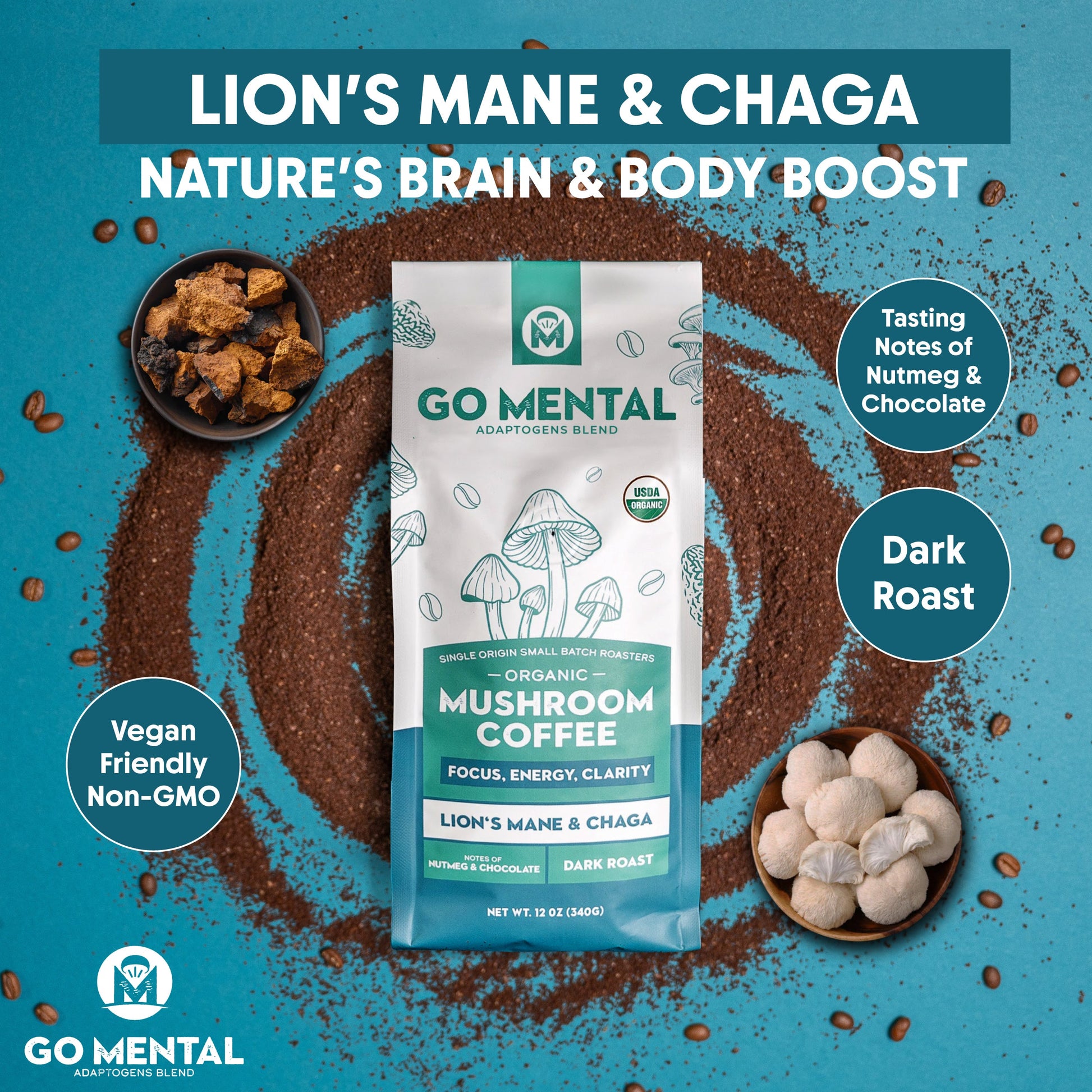 Organic Lion's Mane and Chaga mushroom coffee dark roast from GO MENTAL MUSHROOM COFFEE, featuring a steaming cup of rich, dark brew.