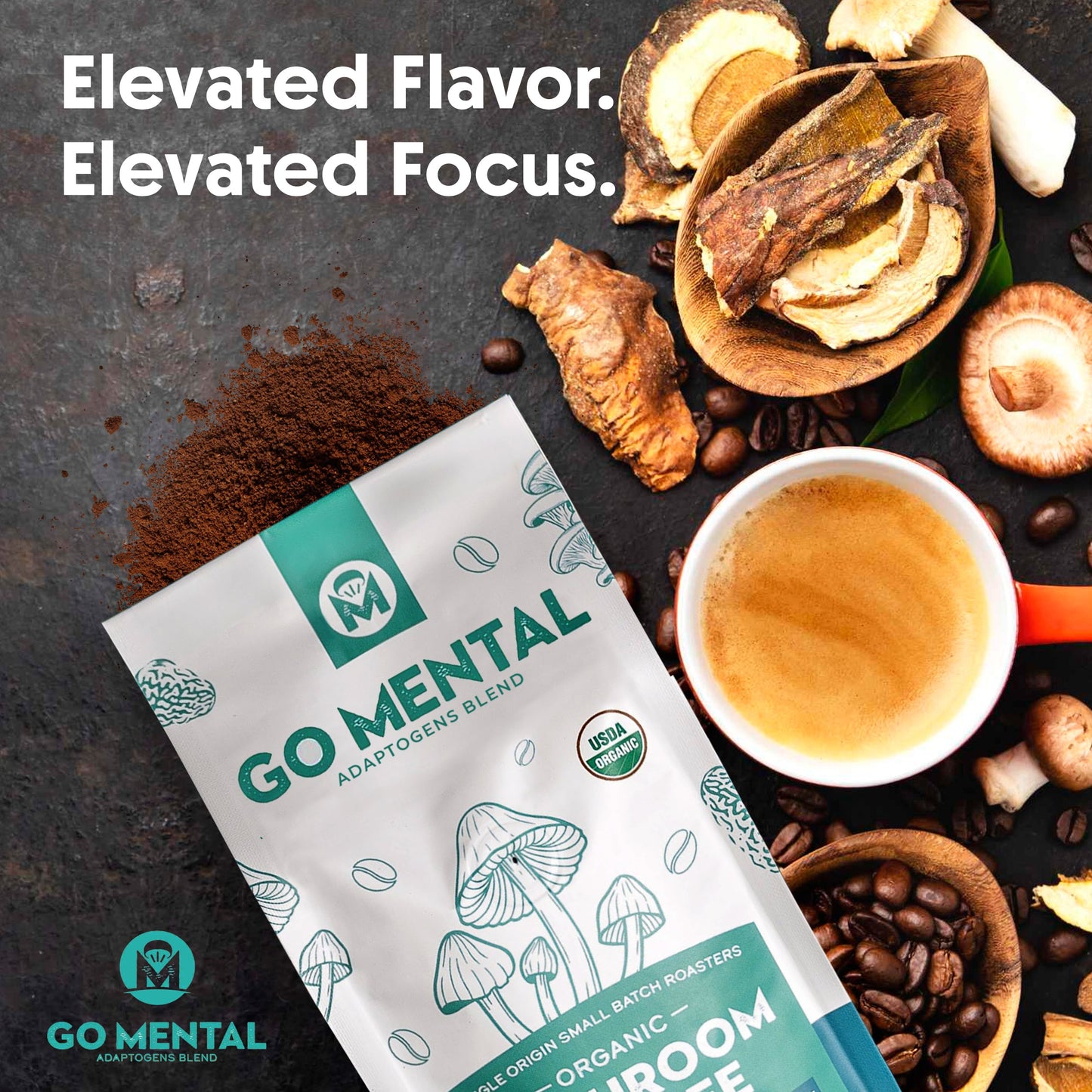 Organic Lion's Mane and Chaga mushroom coffee dark roast by GO MENTAL MUSHROOM COFFEE, featuring a steaming cup of rich, brewed coffee.