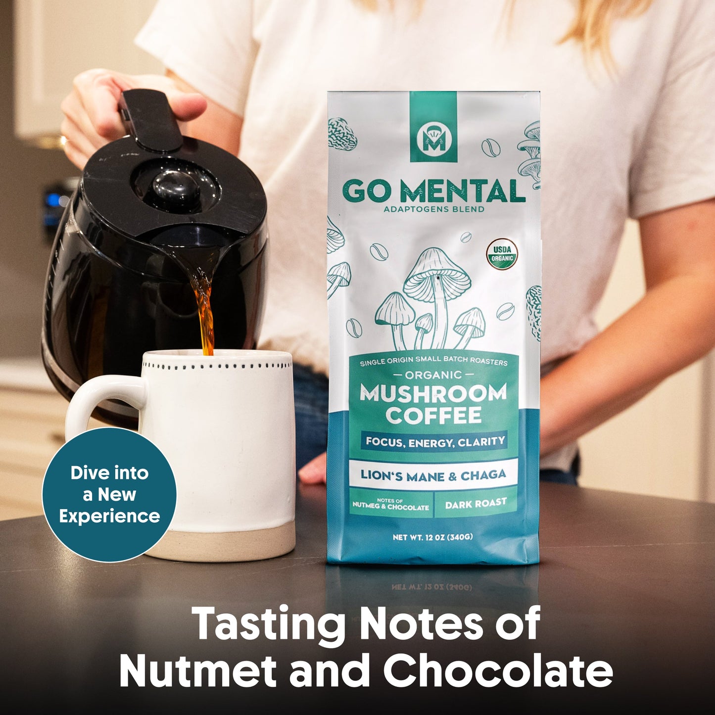Organic Lion's Mane and Chaga mushroom coffee by GO MENTAL MUSHROOM COFFEE, dark roast in a brewed coffee cup with mushrooms.