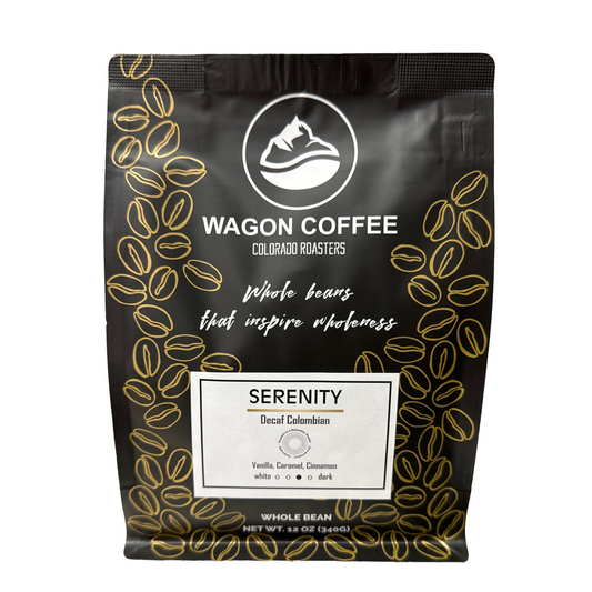 Decaf Serenity coffee from Wagon Coffee, showing a bag of decaf coffee beans with a calm, serene label design.