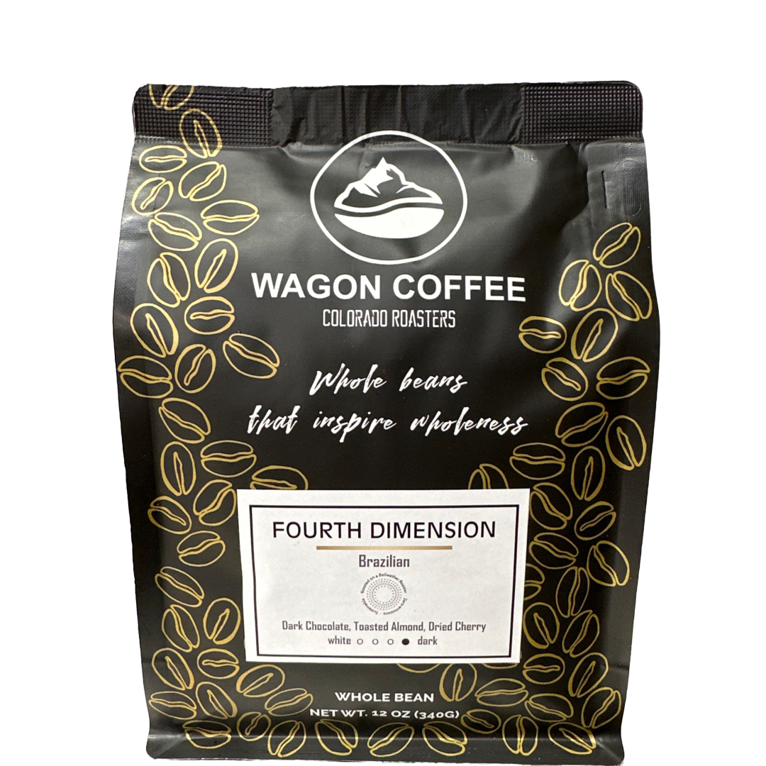 Fourth Dimension Christmas coffee from Wagon Coffee with festive packaging and a steaming cup of holiday-flavored coffee.