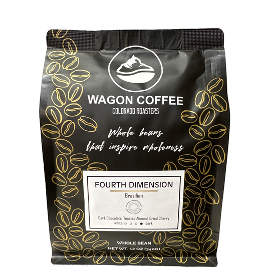 Fourth Dimension Christmas coffee from Wagon Coffee with festive packaging and a steaming cup of holiday-flavored coffee.