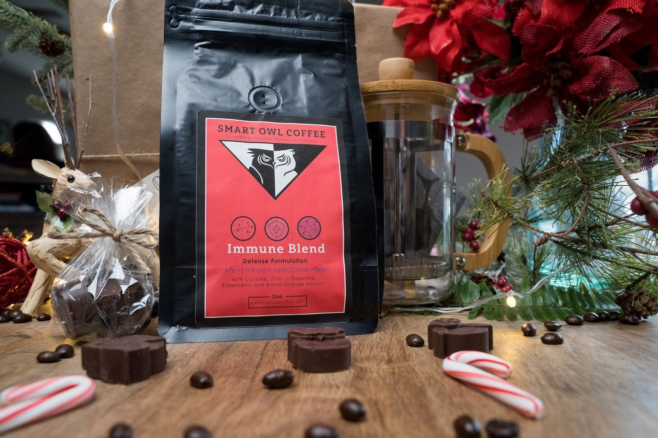 Smart Owl Coffee immune blend coffee in a mug, showcasing rich coffee with herbal infusion for immune support.