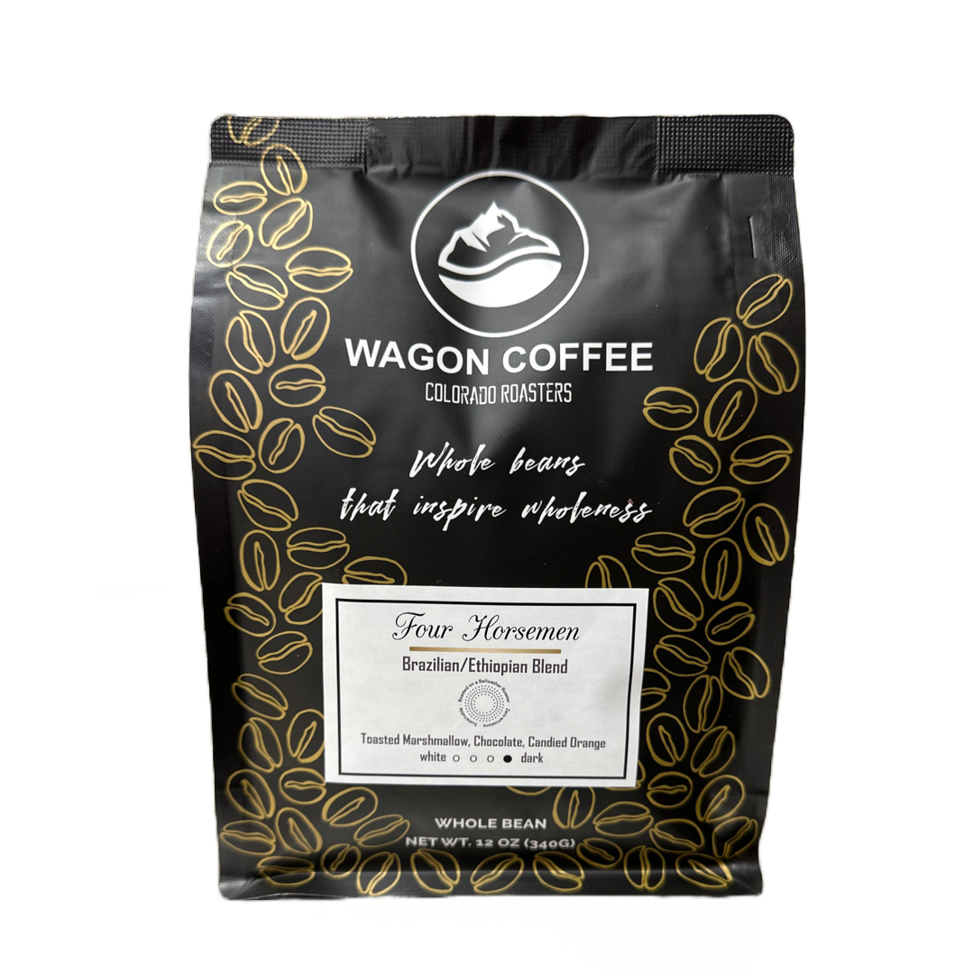 Four Horsemen coffee blend from Wagon Coffee, featuring four horsemen artwork on the packaging.