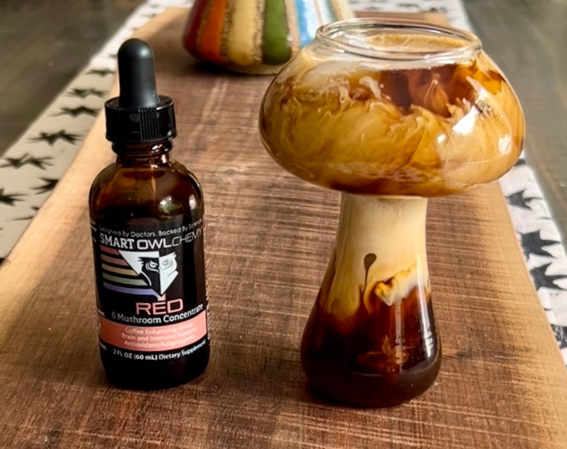 Smart Owl Coffee RED DROPS Smart OWLchemy mushroom extract supplement drop in a 2oz bottle, showing the dropper and label.