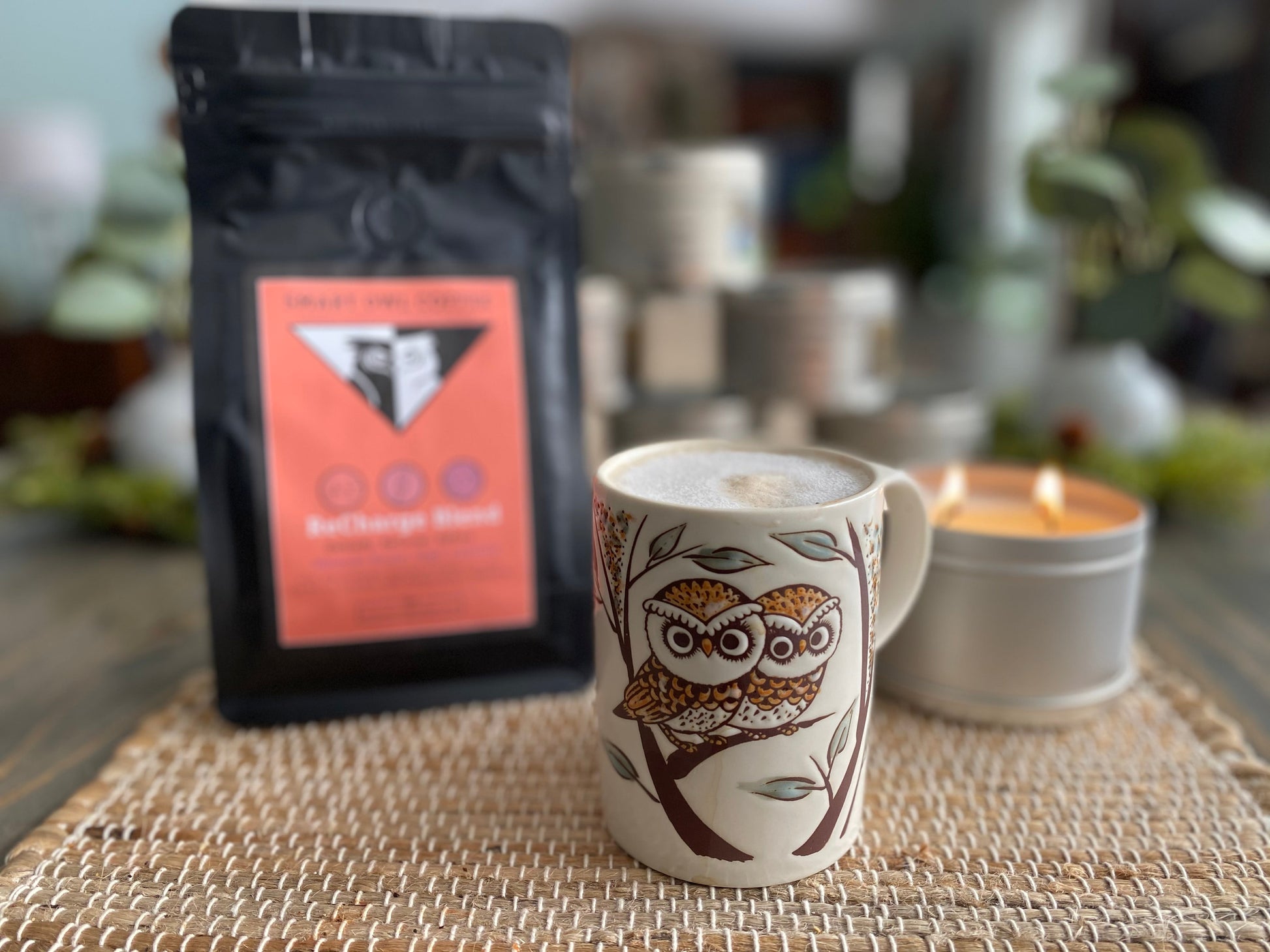 Smart Owl Coffee Recharge Blend Detox Coffee in a cup, showcasing its rich, coffee beans with a smooth, inviting appearance.