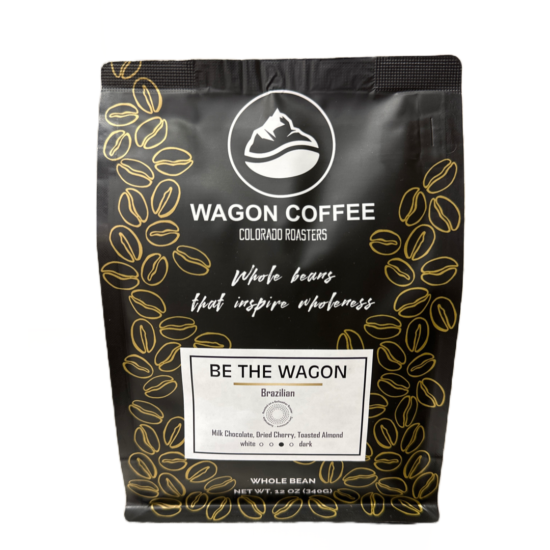 Be The Wagon coffee bag from Wagon Coffee featuring the Be The Wagon branding and colorful logo design.