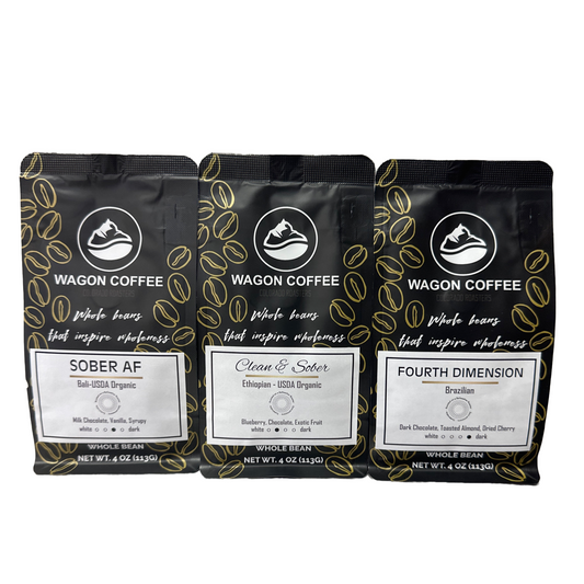 Wagon Coffee Sobriety Anniversary Box with decorative packaging and coffee accessories for celebrating sobriety milestones.