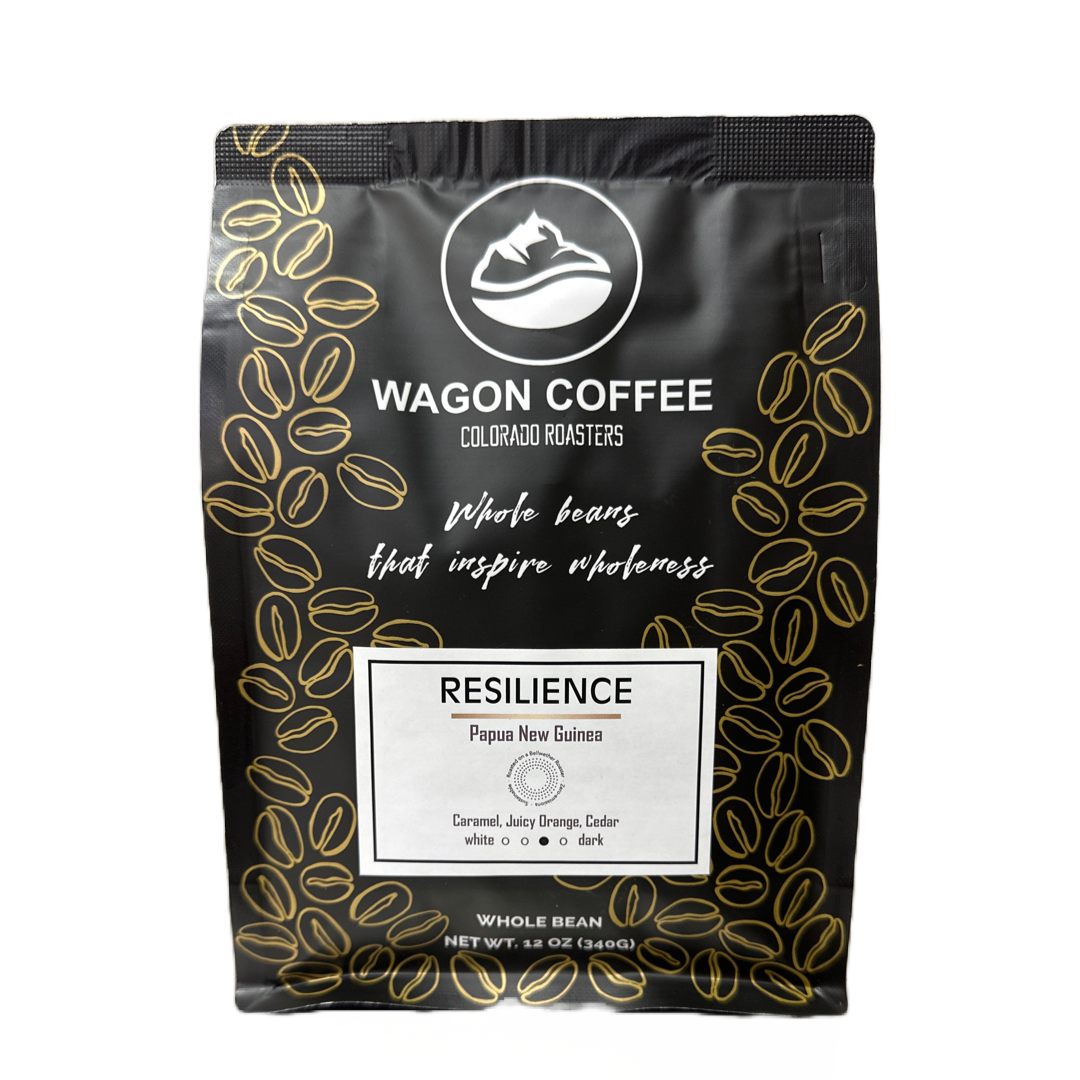 Bag of Wagon Coffee Resiliency Coffee featuring a resilient, eco-friendly packaging design with the product label visible.