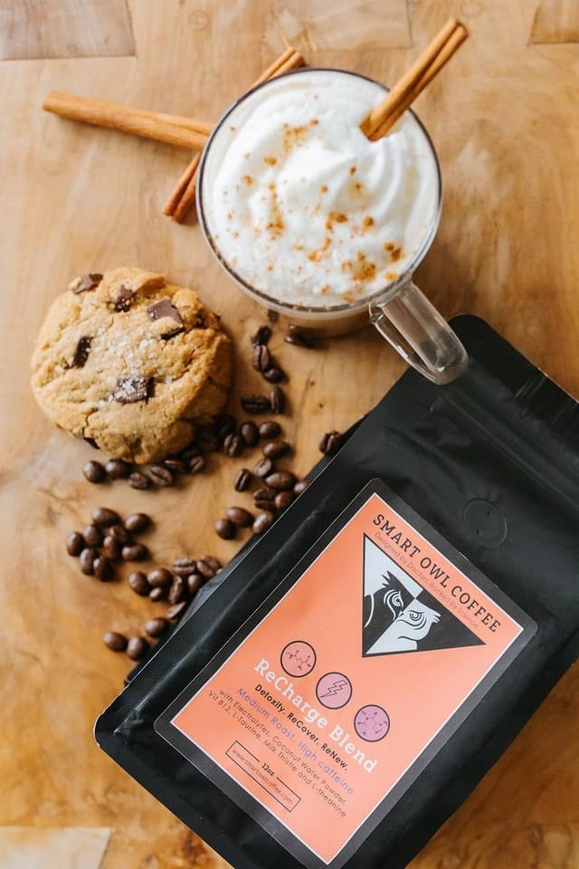 Smart Owl Coffee Recharge Blend detox coffee in a brewed cup with rich dark color and a smooth, inviting appearance.