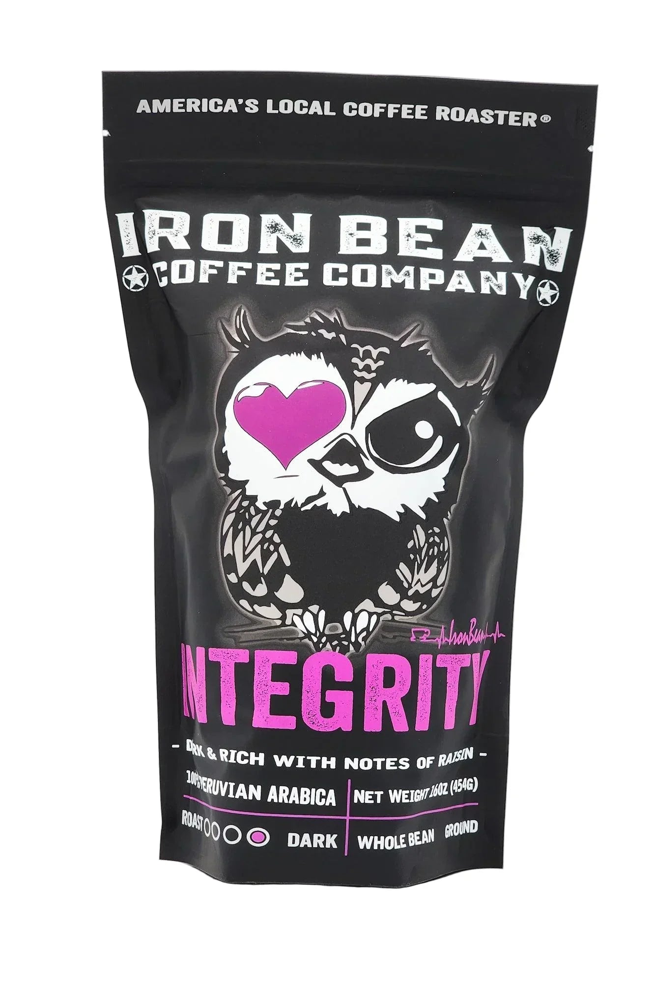 Dark roast coffee labeled Integrity™ by Iron Bean Coffee Company in a bag with branding and product details visible.
