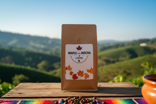 Bag of Maple and Mocha Coffee's Natural Organic Mexico Altura Tollan coffee, showcasing the packaging and branding.