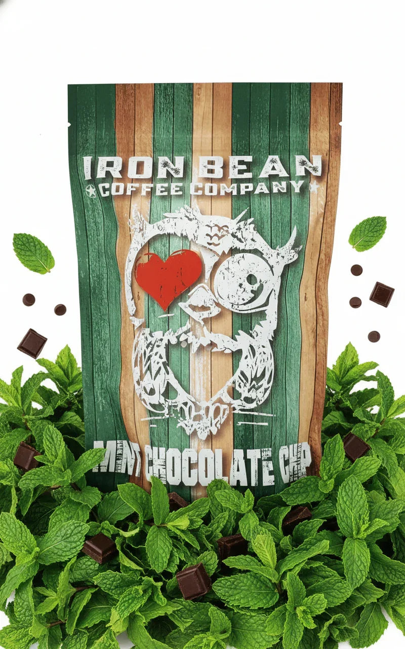 12oz Mint Chocolate Chip coffee bag from Iron Bean Coffee Company, featuring mint chocolate chip flavor packaging.