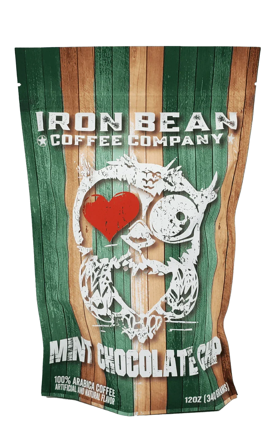 Iron Bean Coffee Company Mint Chocolate Chip coffee bag, 12oz, featuring mint and chocolate flavor profile with branding on packaging.