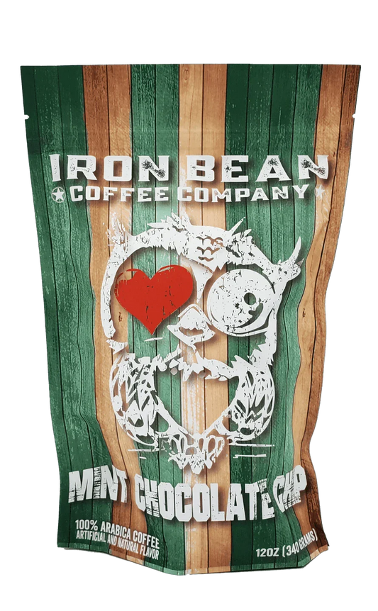 Iron Bean Coffee Company Mint Chocolate Chip coffee bag, 12oz, featuring mint and chocolate flavor profile with branding on packaging.