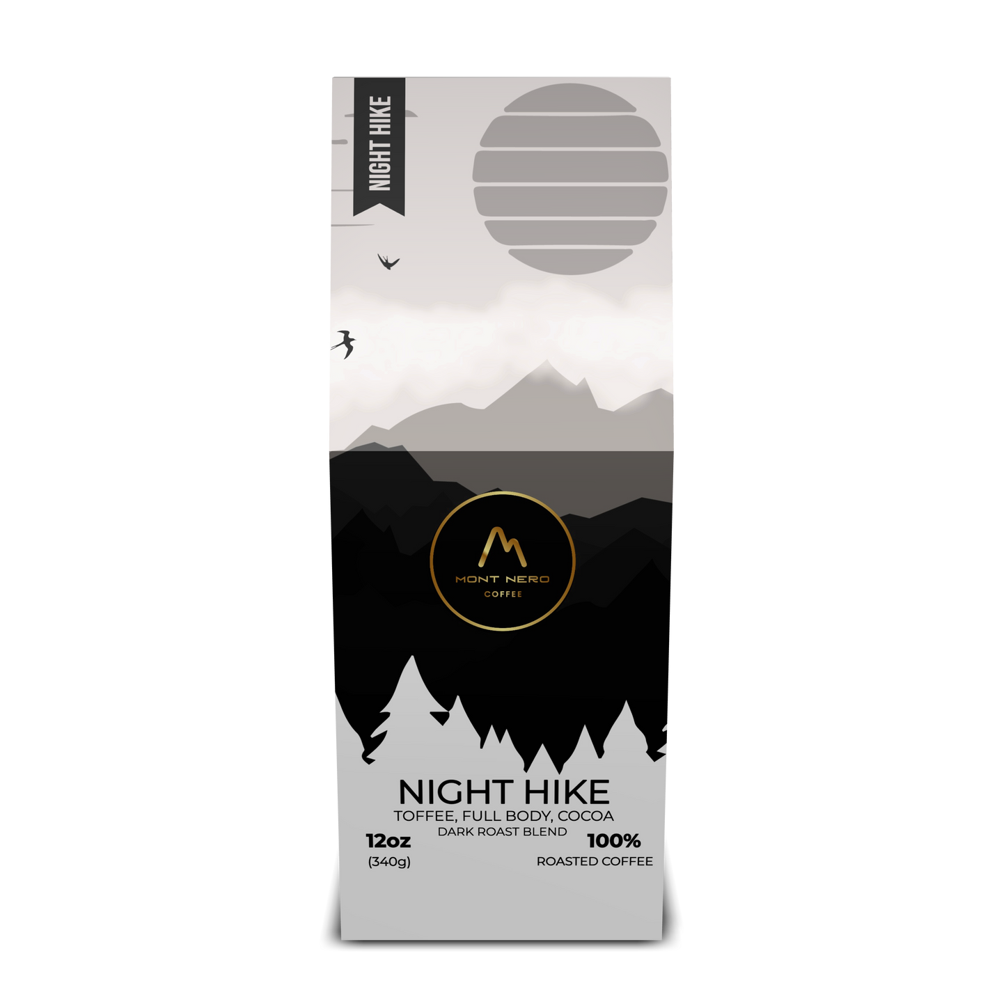 Mont Nero Coffee Night Hike dark roast coffee bag with toffee, cocoa, and full-bodied flavor in a modern mockup image.
