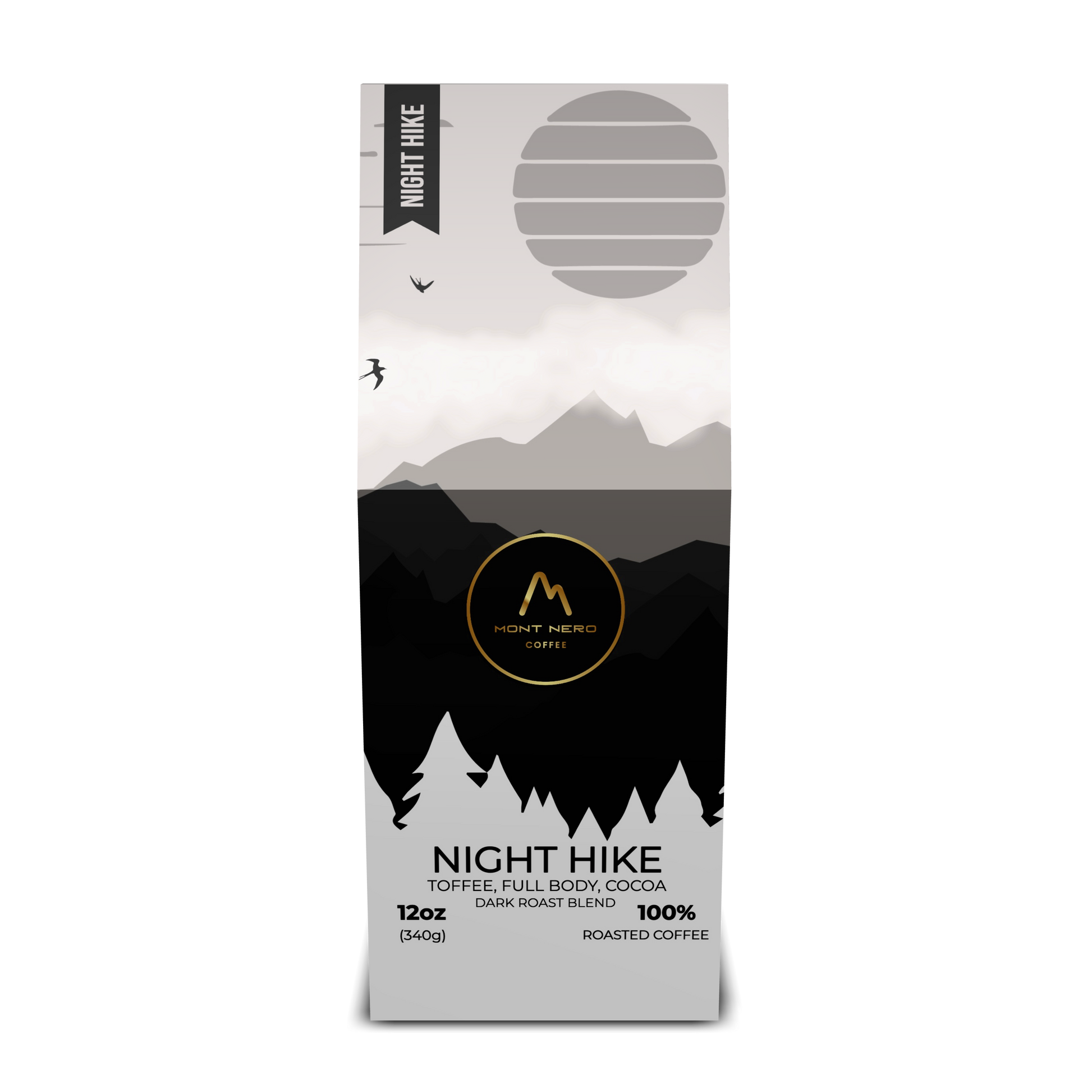 Mont Nero Coffee Night Hike dark roast coffee bag with toffee, cocoa, and full-bodied flavor in a modern mockup image.