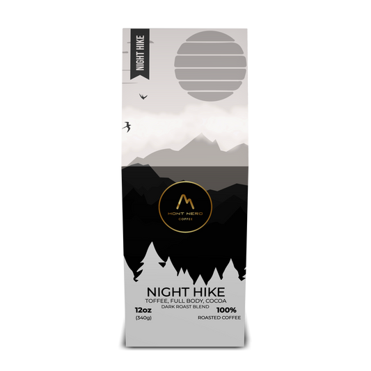 Mont Nero Coffee Night Hike dark roast coffee bag with toffee, cocoa, and full-bodied flavor in a modern mockup image.