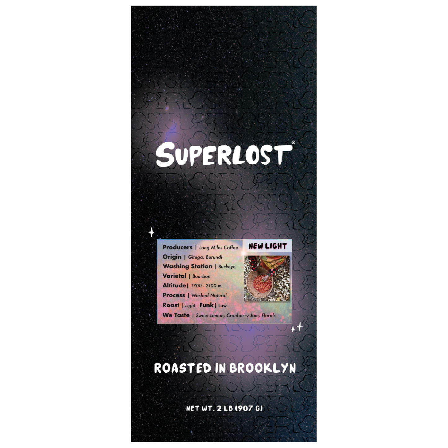 Freshly brewed Superlost Coffee New Light coffee in a cup with a light-colored background and a vibrant coffee label.