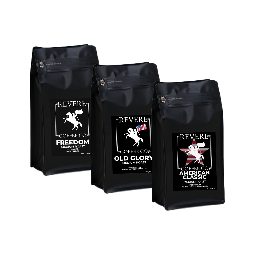 Medium roast coffee bundle from Revere Coffee Company featuring Freedom, Old Glory, and American Classic blends in the image.