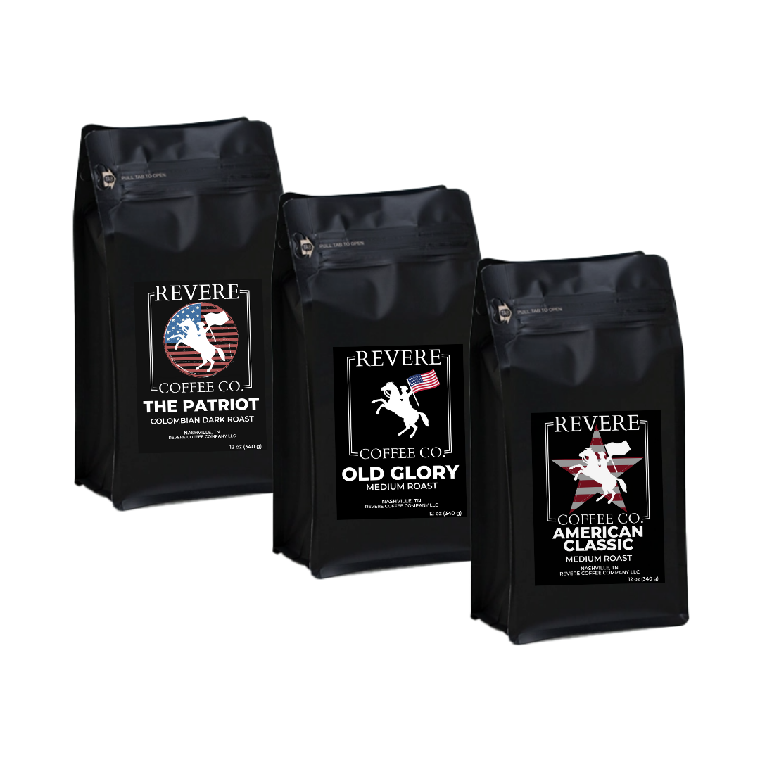 Assorted Revere Coffee Company patriot-themed coffee bundle including The Patriot, American Classic, and Old Glory blends.