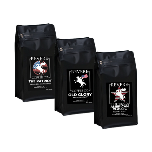 Assorted Revere Coffee Company patriot-themed coffee bundle including The Patriot, American Classic, and Old Glory blends.