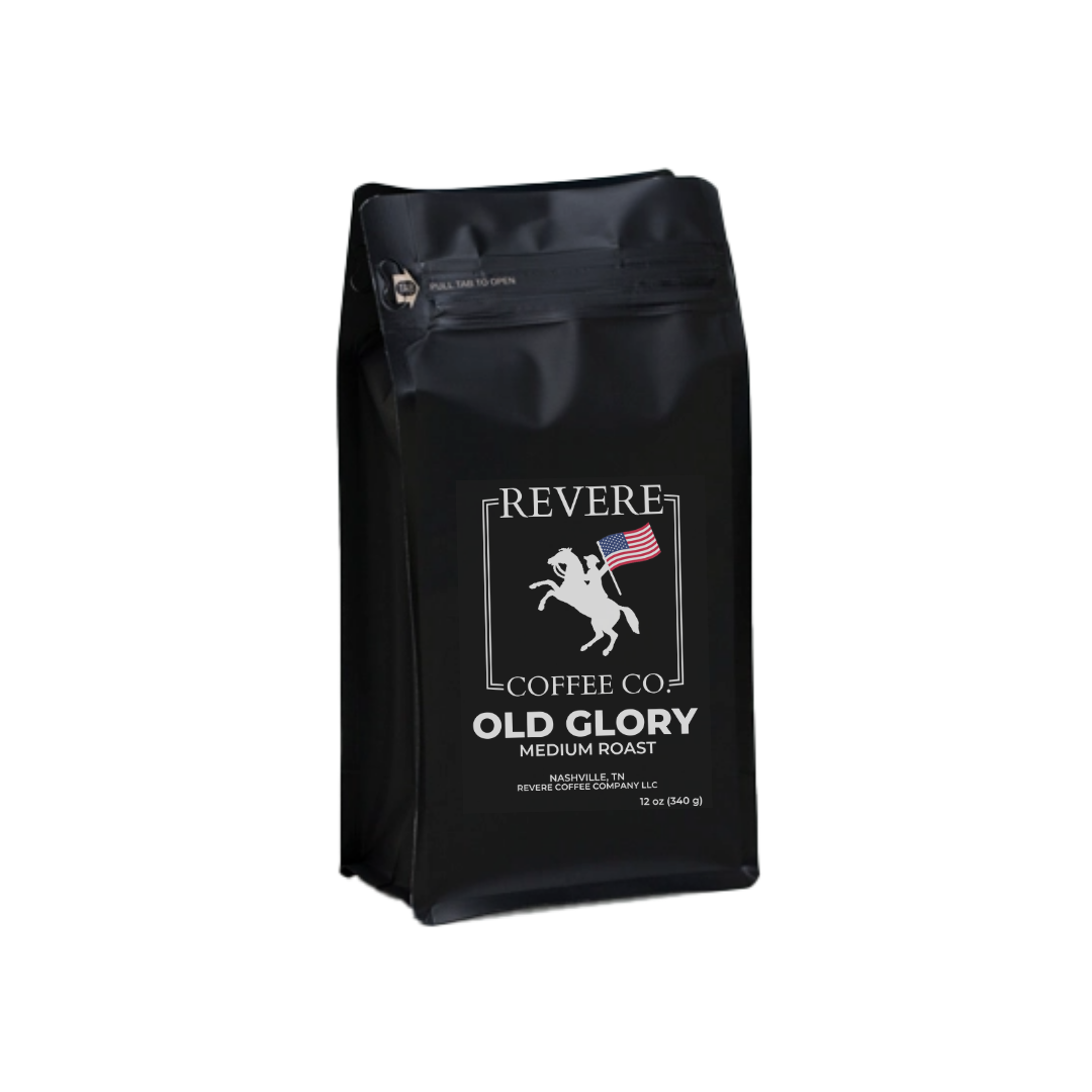 Medium roast Old Glory coffee from Revere Coffee Company, shown in a bag with vintage-inspired branding and patriotic design.