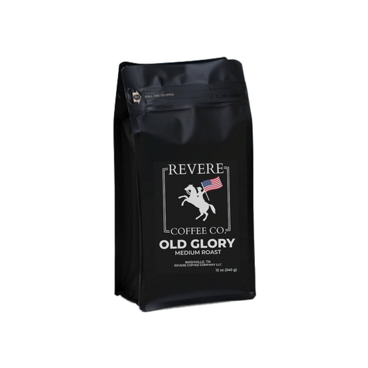 Medium roast Old Glory coffee from Revere Coffee Company, shown in a bag with vintage-inspired branding and patriotic design.