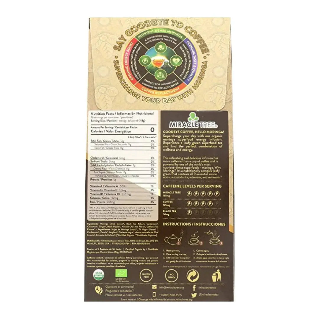 Organic Moringa Energy Tea by Miracle Tree with chai spice flavor, featuring a tea cup with dried tea leaves and chai spices.
